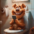 3d animated cartoon funny cute character dog with phone sits on the toilet bowl in the bathroom