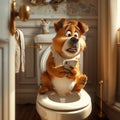 3d animated cartoon funny cute character dog with phone sits on the toilet bowl in the bathroom