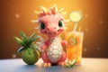 3d animated dragon with a refreshing citrus drink on warm backdrop