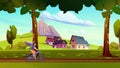 2D animated graphics. A boy riding a bicycle in the beautiful nature.