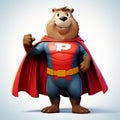 Superhero Cartoon Beaver In Cape And Cape Stands Up