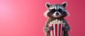 A 3D animated raccoon with glasses and a popcorn bucket on a vivid pink background, ideal for cinema-related Royalty Free Stock Photo
