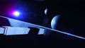 3d animation of an alien space station orbiting a distant star system