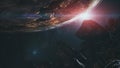 Computer graph black space rocks fly near planet Earth