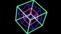 3d animation of colored neon cubes.