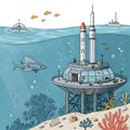 A 3D animation depicting a rocket launching at dawn