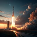 A 3D animation depicting a rocket launching at dawn