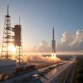 A 3D animation depicting a rocket launching at dawn