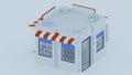 3d animation of isometric scene with rotation 360 degree. Simple models of building, windows, door, conditioner and canopy