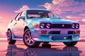 wallpaper with 3d animation car, style vaporwave