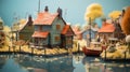Nostalgic 3d House Scene In Small Town With Boats