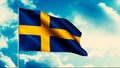 3D animation of moving flag on flagpole. Motion. Bright flag on blue sky background. Patriotic Flag of Sweden