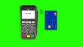 3D Animation. Payment by card through a terminal. Payment terminal money transaction green screen background.