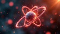 3D animation shows atom with spinning electrons. Atomic particles in motion. Dynamic scientific illustration. Visual Royalty Free Stock Photo