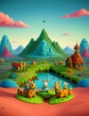 3D animation style of cute rabbits on foreground in a fantasy island with beautiful scene of sky and clouds, animal creatures
