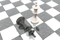 3d animation: Two chess figures on the playing field. White king is a winner and a loser black lies prostrate at his feet. Falling