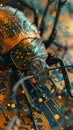 A 3D animation of a visionary bug morphed with a digital computer, featuring an intricate circuit pattern