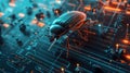 A 3D animation of a visionary bug morphed with a digital computer, featuring an intricate circuit pattern