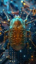 A 3D animation of a visionary bug morphed with a digital computer featuring an intricate circuit pattern