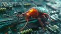 A 3D animation of a visionary bug morphed with a digital computer featuring an intricate circuit pattern