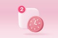 3D app icon with notification alert speech bubble, online social conversation comment push notice cartoon concept, clock app icons