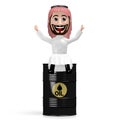 3D Arab cartoon character sitting on oil barrel