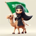 3d Arabic girl riding camel holding a Saudi Arabia flag on light brown background Royalty Free Stock Photo