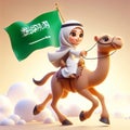 3d Arabic girl riding camel holding a Saudi Arabia flag on light brown background Royalty Free Stock Photo