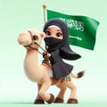 3d Arabic girl riding camel holding a Saudi Arabia flag on light green background Royalty Free Stock Photo