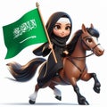 3d Arabic girl riding horse holding a Saudi Arabia flag on White background Royalty Free Stock Photo