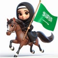 3d Arabic girl riding horse holding a Saudi Arabia flag on White background Royalty Free Stock Photo