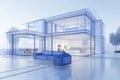 3D architectural visualization of a modern house interior with a digital wireframe overlay and furniture layout Royalty Free Stock Photo
