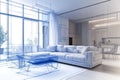 3D architectural visualization of a modern house interior with a digital wireframe overlay and furniture layout Royalty Free Stock Photo