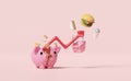 3d arrow graph with dollar coins, broken piggy bank, food, shopping carts, basket isolated on pink background. high inflation,