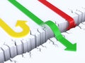 3d arrows crossing or failing to cross obstacle, success or failure concept, 3d rendering