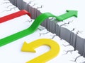 3d arrows crossing or failing to cross obstacle, success or failure concept, 3d rendering