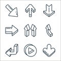 d arrows line icons. linear set. quality vector line set such as down arrow, right arrow, curved arrow, up sort, right down up