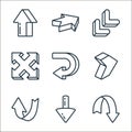 d arrows line icons. linear set. quality vector line set such as down arrow, down arrow, up arrow, right curved expand, diagonal