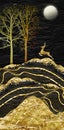 3d art decor wallpaper landscape. black mountains, golden tree and light moon in dark backgroundand light moon in dark background Royalty Free Stock Photo
