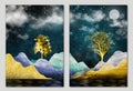 3d art mural wallpaper with colorful background, golden trees leaves, mountain, white moon in the sky. For canvas use as a frame o Royalty Free Stock Photo