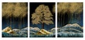3d art mural wallpaper with a dark blue background, golden Christmas tree leaves, and mountains canvas frame on walls.