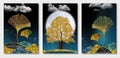 3d art mural wallpaper with dark blue background, golden christmas tree leaves, mountains, moon in the sky. For canvas use as a fr Royalty Free Stock Photo