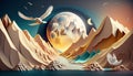 3d art mural wallpaper landscape, light background, colorful golden mountains Ai generative