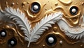 3D art rendering features golden wavy patterns circles, feather elements. Elegant illustration evokes luxury contemporary feel. Royalty Free Stock Photo