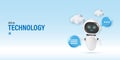 3D artificial intelligence technology banner concept. Cute chatbot robot with AI magnifying glass, document and chat bubbles for Royalty Free Stock Photo