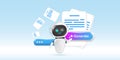 3D artificial intelligence technology banner set. Cute chatbot robot with AI magnifying glass, document analysis, chat bubbles and Royalty Free Stock Photo