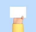 3D ÃÂartoon hand holds out blank paper label or tag on blue background. Human hand holding white paper. Vector 3d illustration Royalty Free Stock Photo