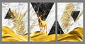 3d artwork canvas wall decor. black and white marble, golden wavy shapes, deer and tree branches leaf.