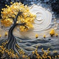 Soothing Landscapes: Majestic Tree Carving In Yellow And Blue