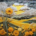 3d Quilled Flower Field: A Dramatic Yellow And Gray Landscape Sculpture